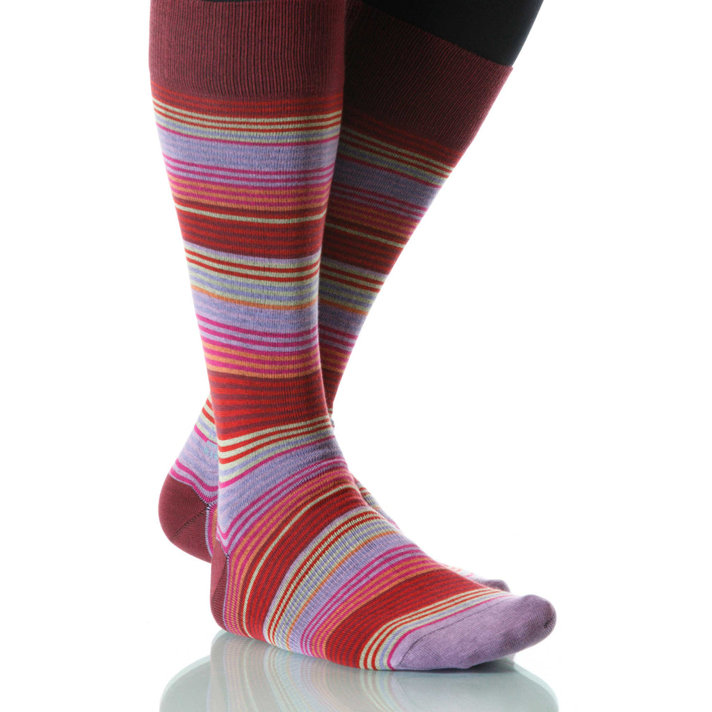 Primrose Garden Stripe Socks; Men's or Women's Merino Wool Red XOAB