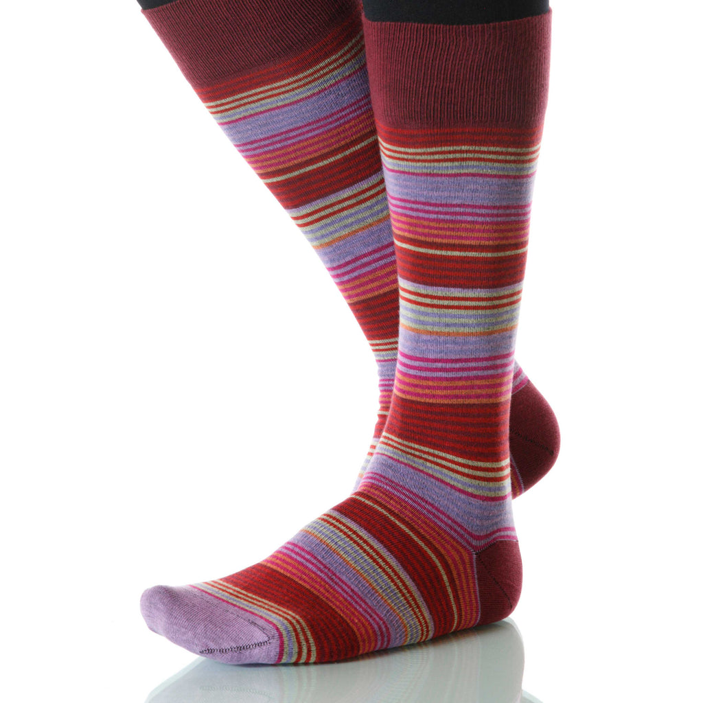 Primrose Garden Stripe Socks; Men's or Women's Merino Wool Red XOAB